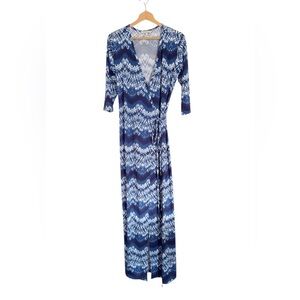 Shabby Apple Marisol Blue White Tie-Dye Geometric Print Maxi Wrap Dress size 8